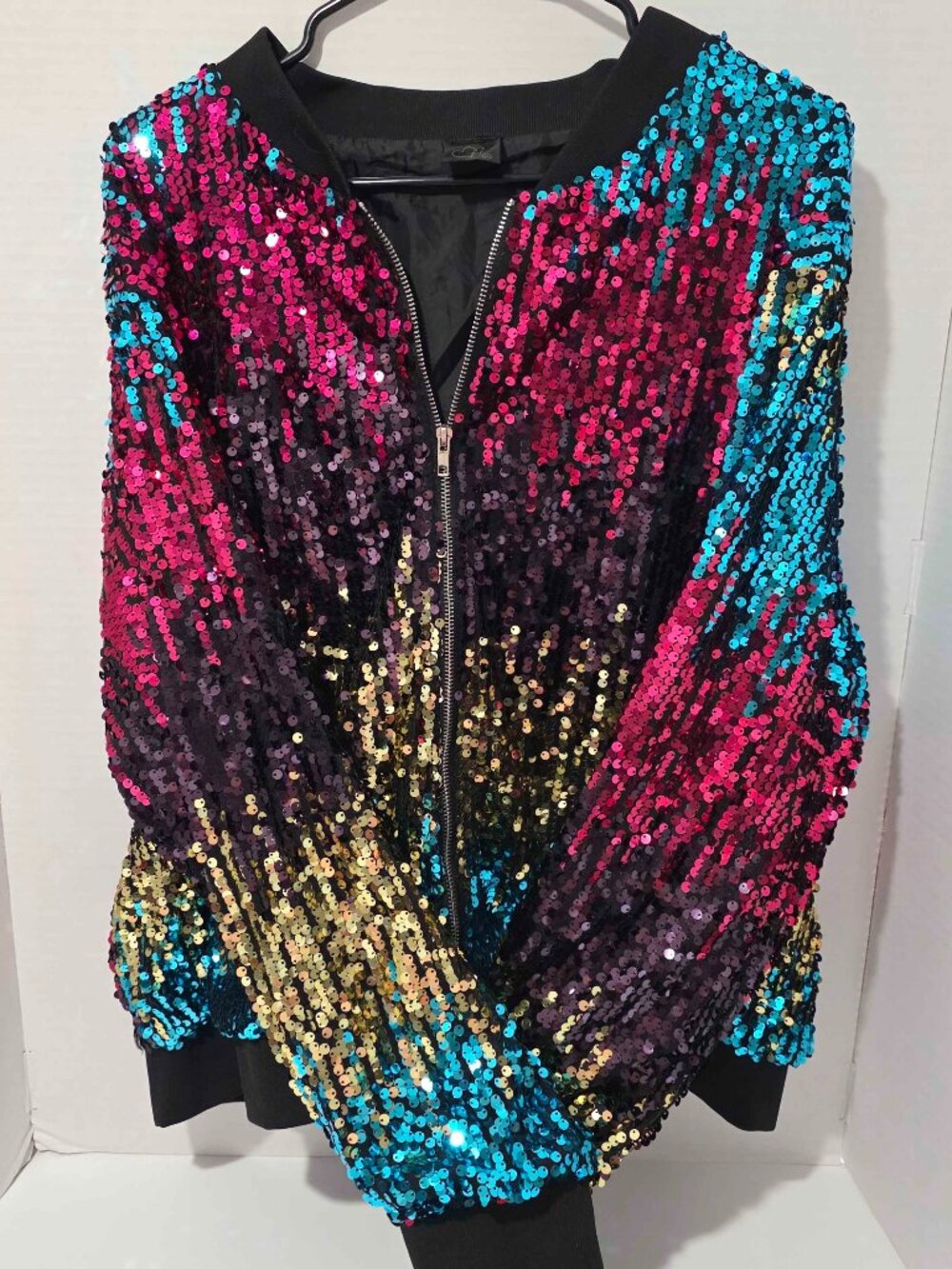 Wet Seal Sequin Ombre Bomber Jacket Pink Blue Gold Zip Up Size 2X